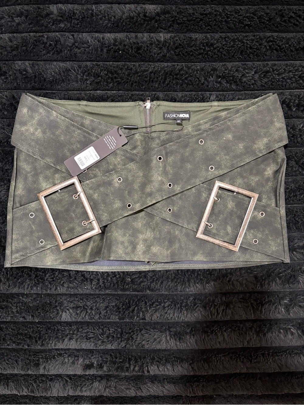 Fashion Nova Olive Faux-Leather Buckle Detail Mini Skirt